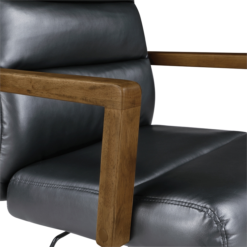 Scranton & Co Black Faux Leather Office Chair with Dark Wood Arms