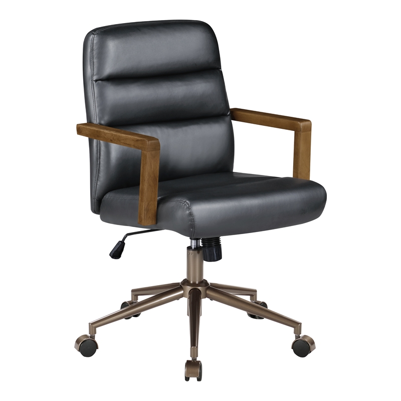 Scranton & Co Black Faux Leather Office Chair with Dark Wood Arms