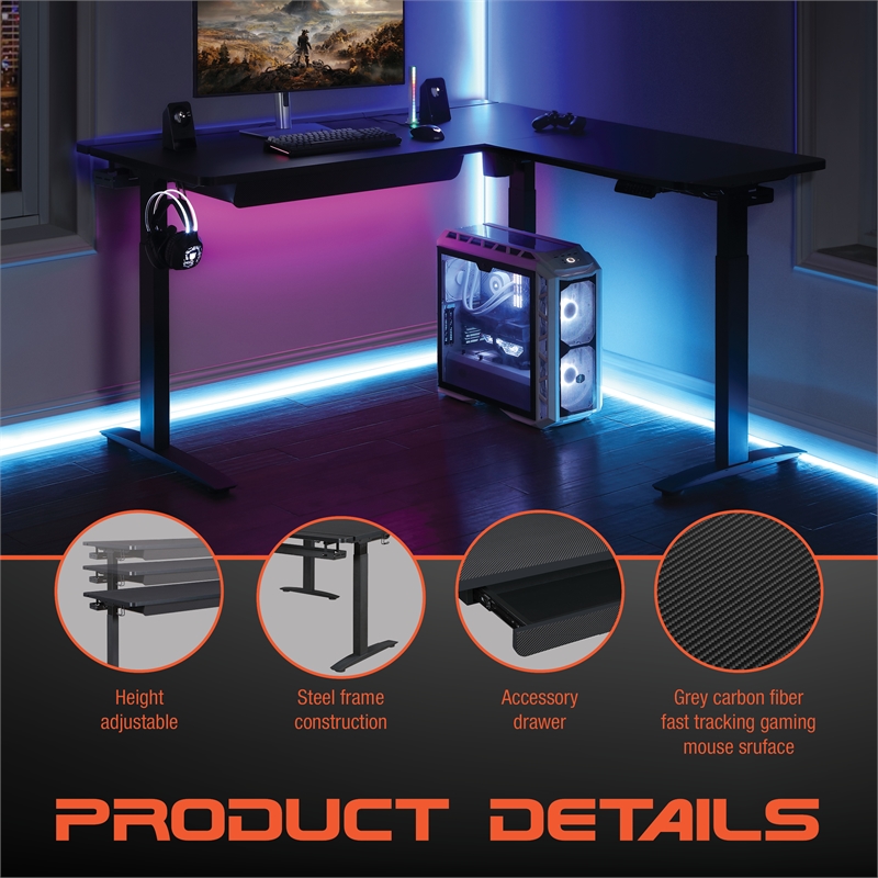 Scranton & Co L-Shape Electric Lift Gaming Desk in Steel Gray Carbon Fiber