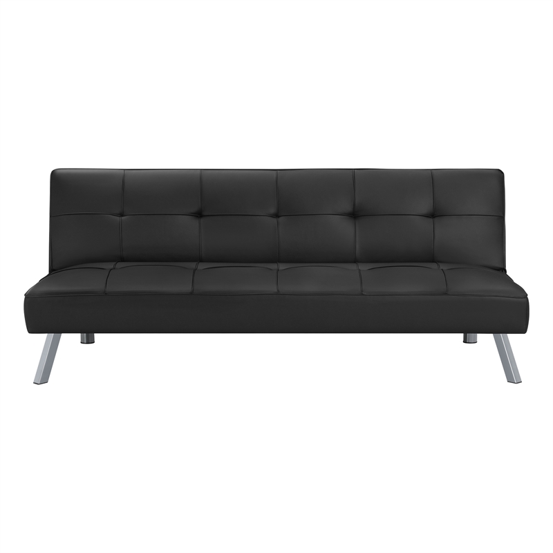 Scranton & Co Convertible Sofa Futon in Black Faux Leather Chrome Legs