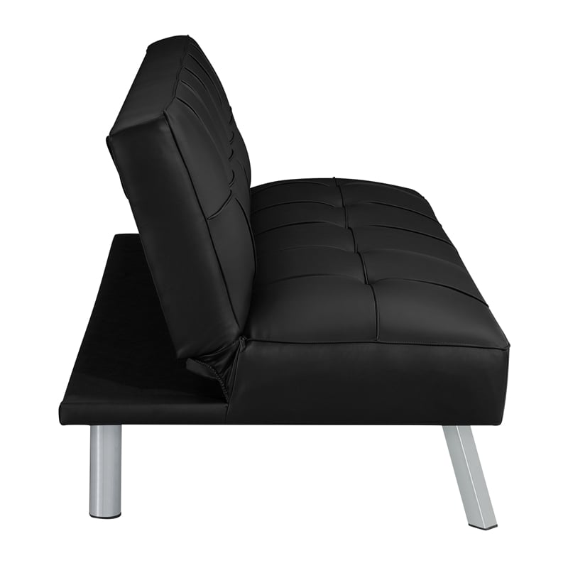 Scranton & Co Convertible Sofa Futon in Black Faux Leather Chrome Legs