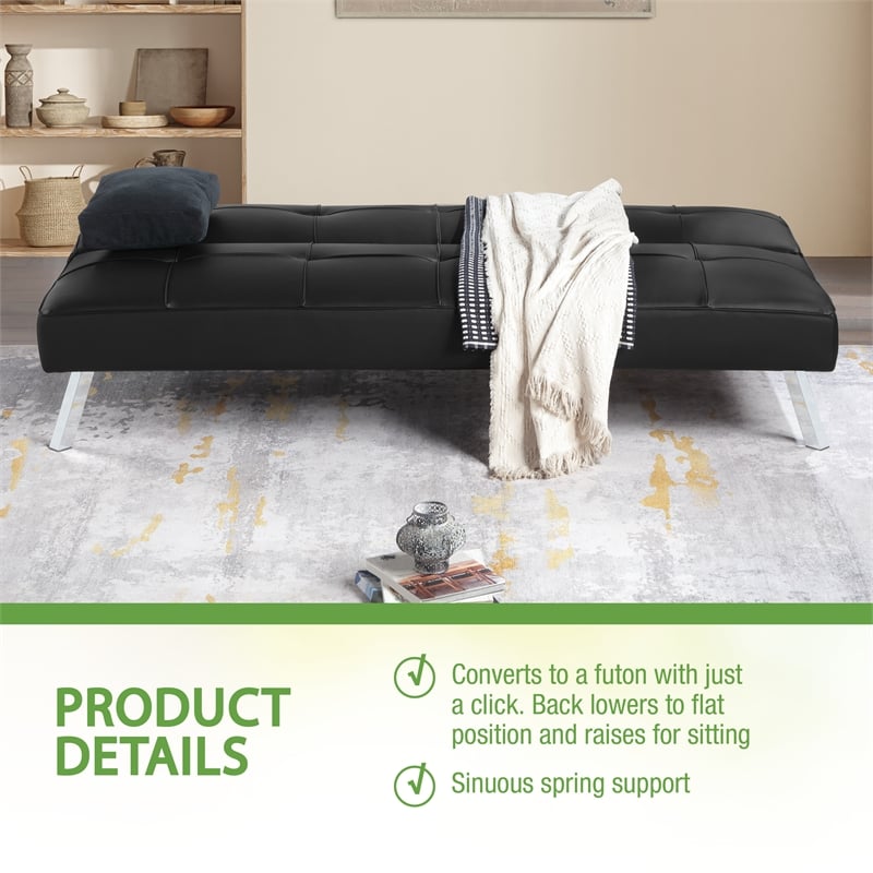 Scranton & Co Convertible Sofa Futon in Black Faux Leather Chrome Legs