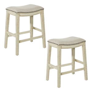 Scranton & Co 24&quot Padded Saddle Counter Stool Beige Fabric Antique White 2-Pack