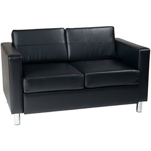 Scranton & Co Easy-Care Black Faux Leather Loveseat Sofa Silver Legs