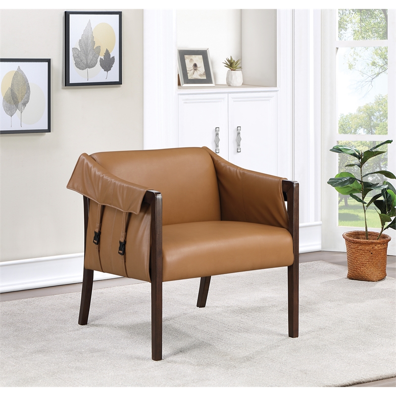 Scranton & Co Sling Accent Chair in Camel Brown Faux Leather Walnut Frame