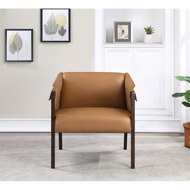 Scranton & Co Sling Accent Chair in Camel Brown Faux Leather Walnut Frame