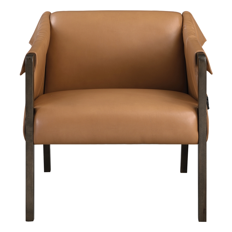 Scranton & Co Sling Accent Chair in Camel Brown Faux Leather Walnut Frame