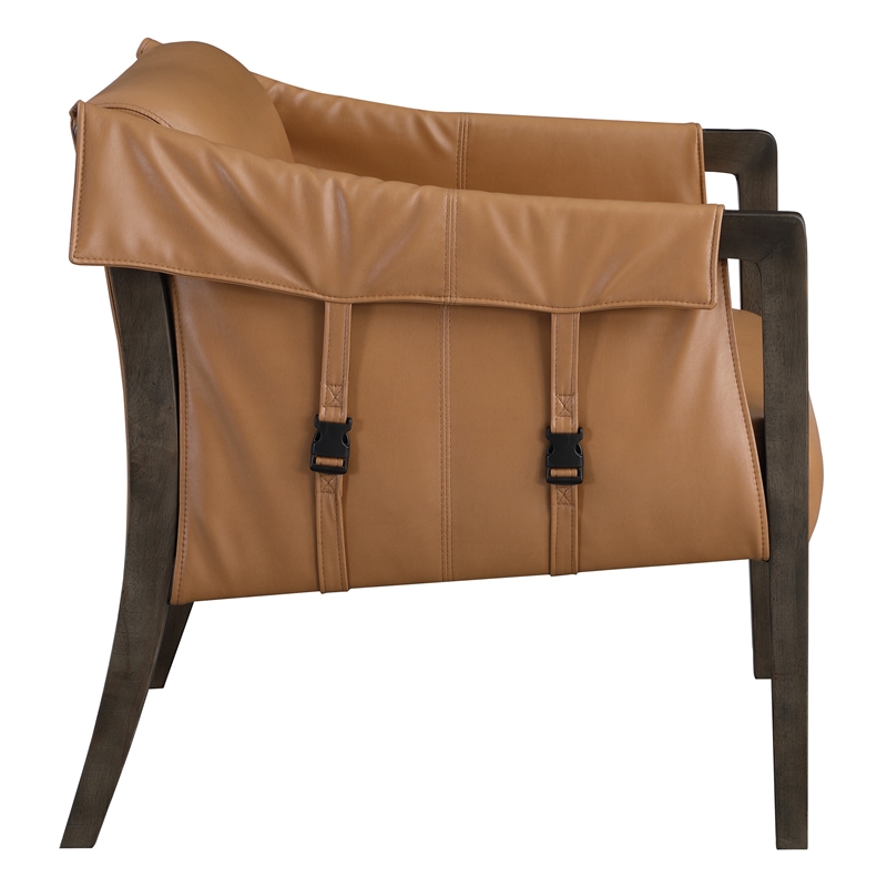 Scranton & Co Sling Accent Chair in Camel Brown Faux Leather Walnut Frame