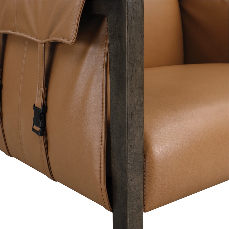Scranton & Co Sling Accent Chair in Camel Brown Faux Leather Walnut Frame