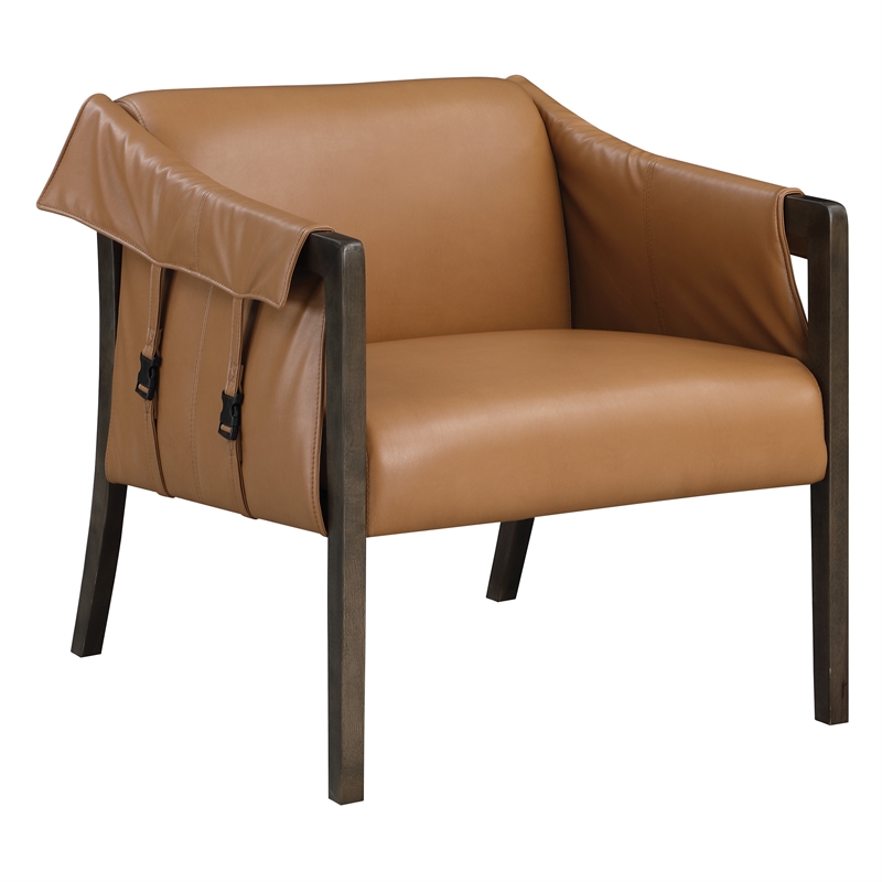 Scranton & Co Sling Accent Chair in Camel Brown Faux Leather Walnut Frame