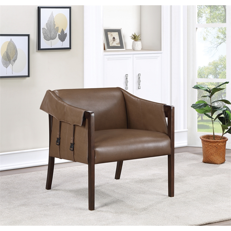 Scranton & Co Mid-Century Sling Accent Chair in Molasses Brown Faux Leather
