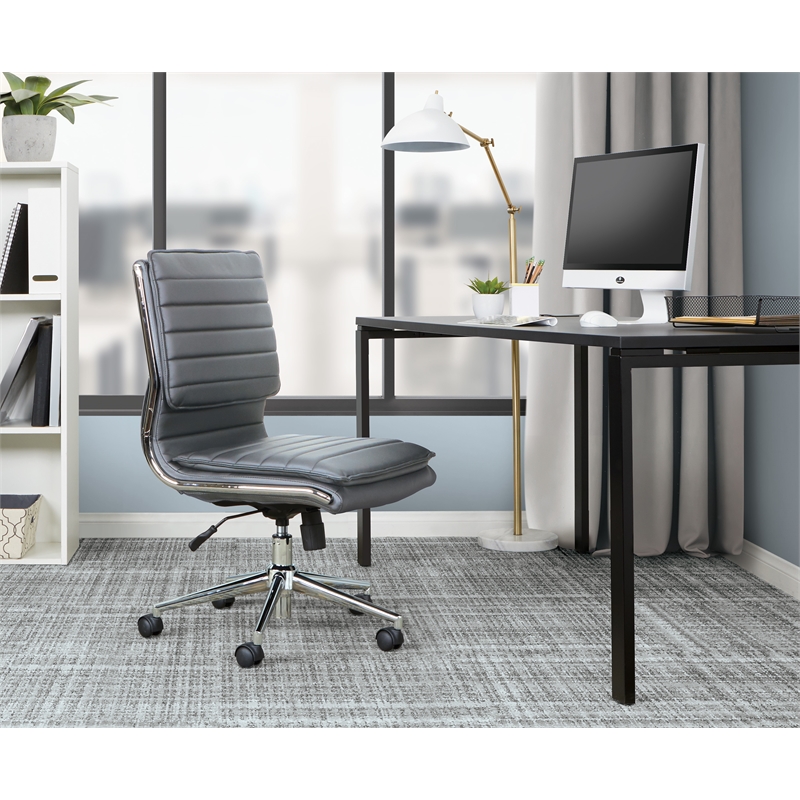 Scranton & Co Armless Mid Back Faux Leather Chair in Charcoal Chrome Base
