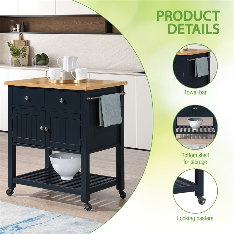 Scranton & Co Farmhouse Kitchen Cart with Wood Top in Blue Finish