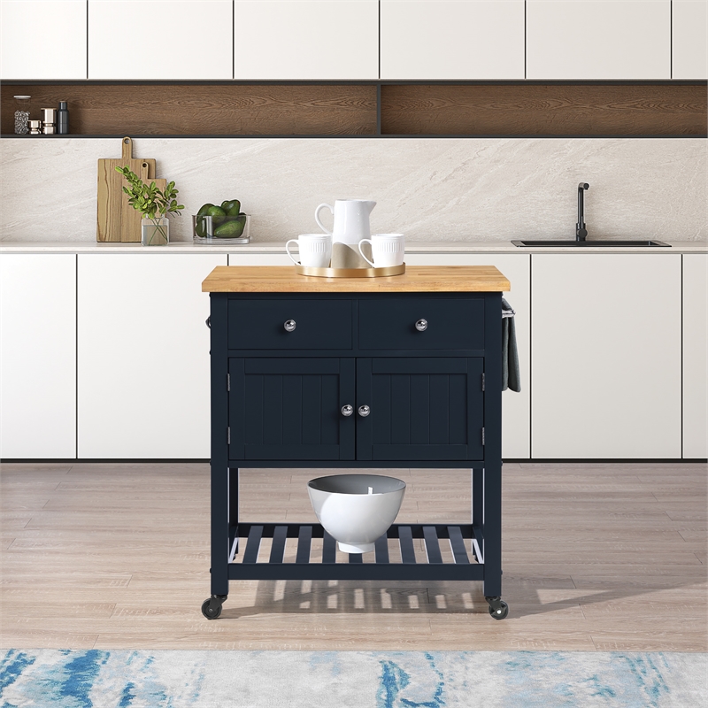 Scranton & Co Farmhouse Kitchen Cart with Wood Top in Blue Finish