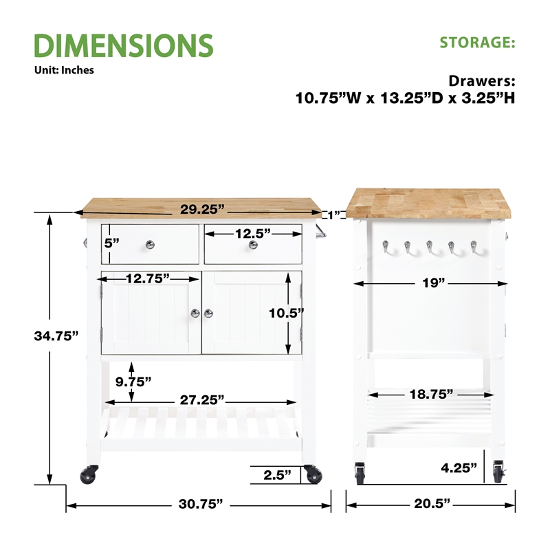 Scranton & Co Farmhouse Kitchen Cart with Wood Top in White Finish