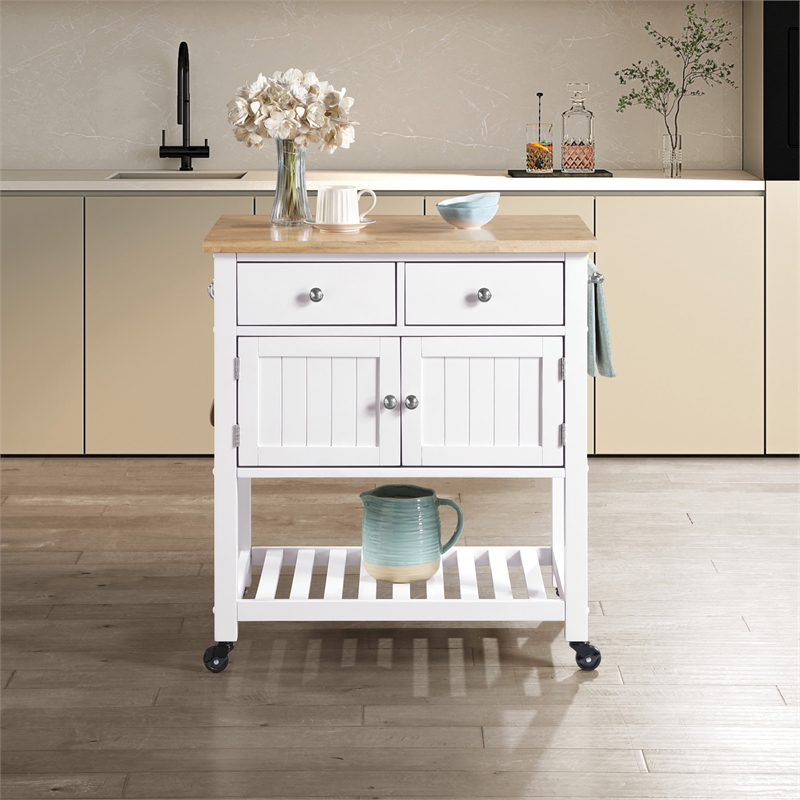 Scranton & Co Farmhouse Kitchen Cart with Wood Top in White Finish