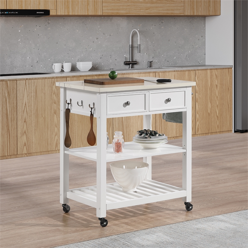 Scranton & Co Farmhouse Kitchen Cart Faux Marble Top in White Wood Finish