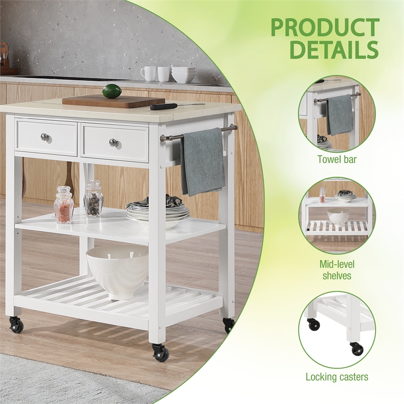 Scranton & Co Farmhouse Kitchen Cart Faux Marble Top in White Wood Finish