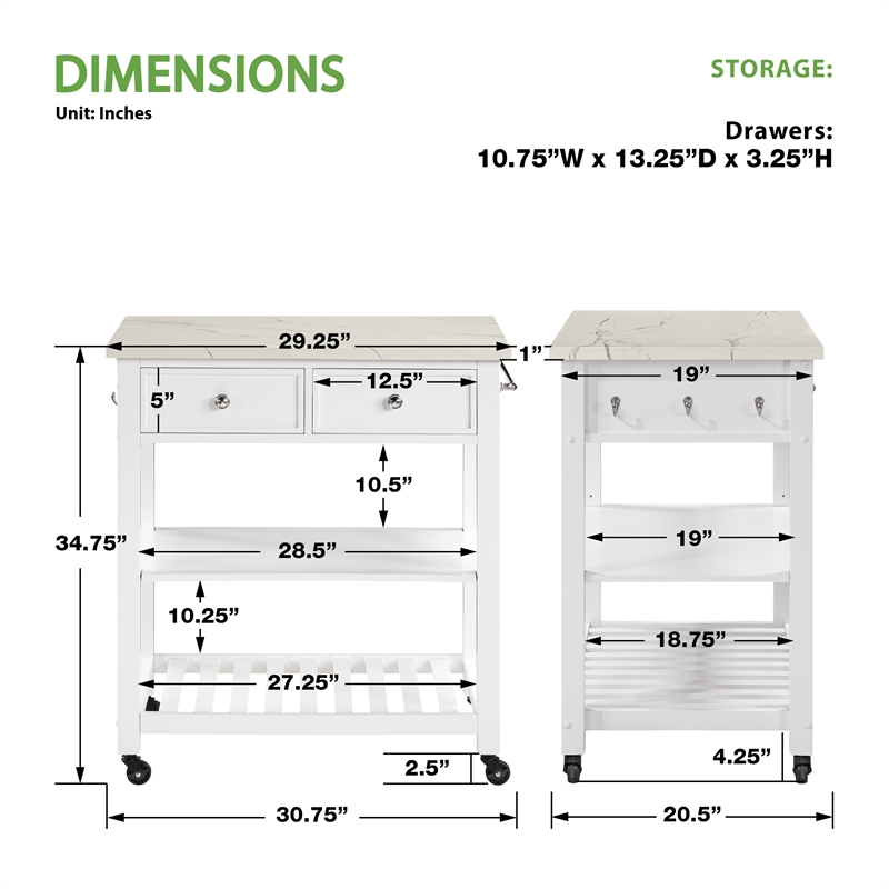 Scranton & Co Farmhouse Kitchen Cart Faux Marble Top in White Wood Finish