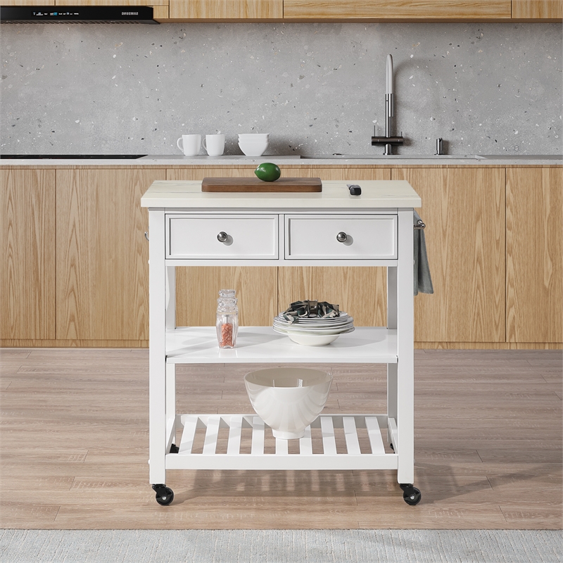 Scranton & Co Farmhouse Kitchen Cart Faux Marble Top in White Wood Finish