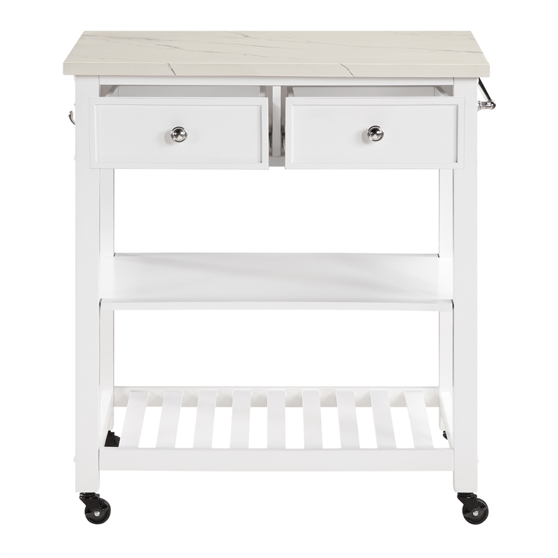 Scranton & Co Farmhouse Kitchen Cart Faux Marble Top in White Wood Finish