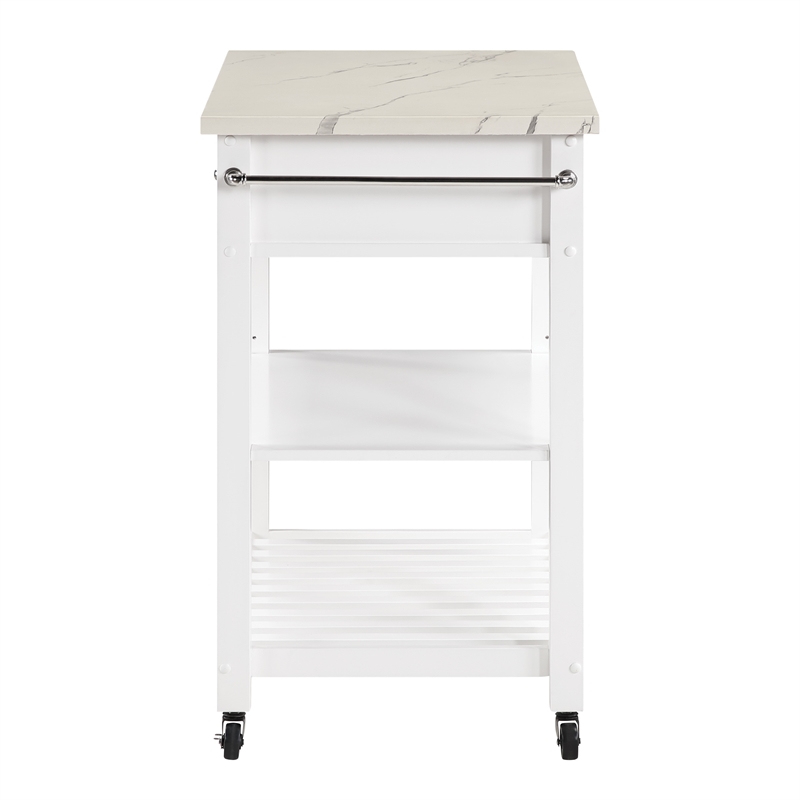 Scranton & Co Farmhouse Kitchen Cart Faux Marble Top in White Wood Finish