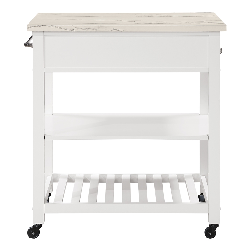Scranton & Co Farmhouse Kitchen Cart Faux Marble Top in White Wood Finish