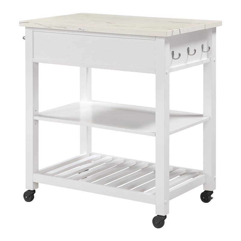 Scranton & Co Farmhouse Kitchen Cart Faux Marble Top in White Wood Finish
