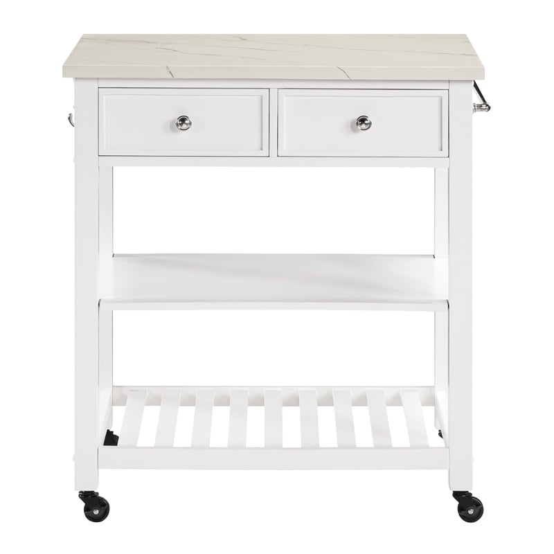 Scranton & Co Farmhouse Kitchen Cart Faux Marble Top in White Wood Finish