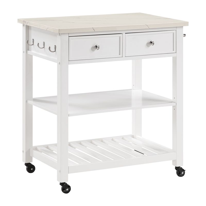 Scranton & Co Farmhouse Kitchen Cart Faux Marble Top in White Wood Finish
