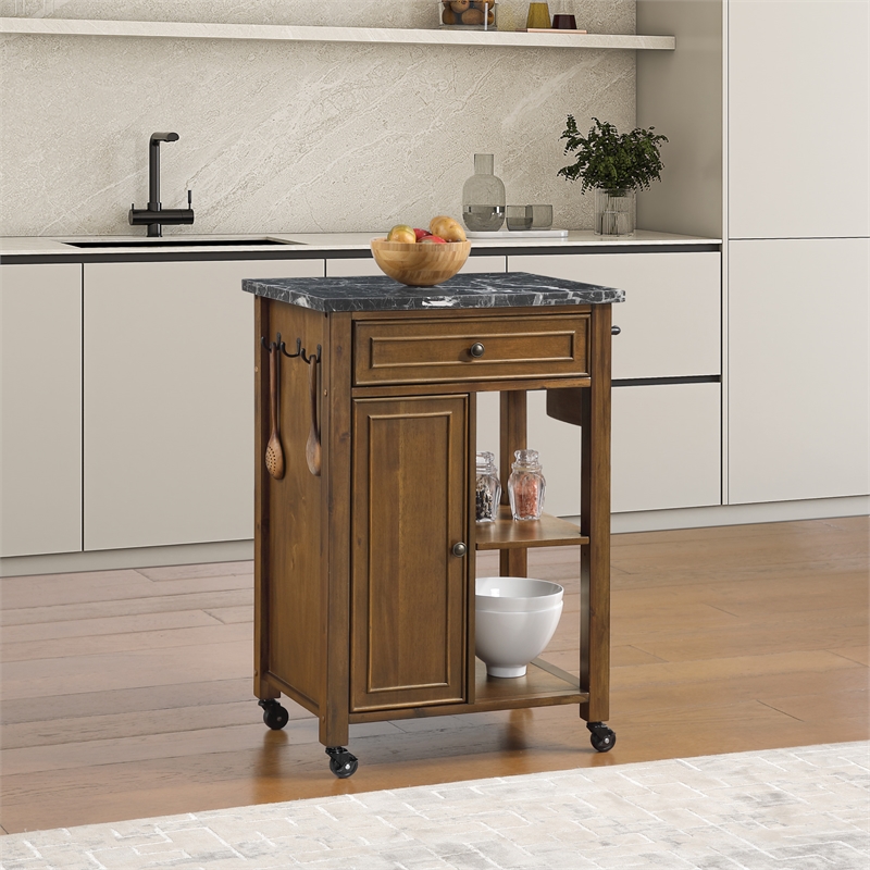 Scranton & Co Farmhouse Kitchen Cart Faux Marble Top in Oak Finish Wood