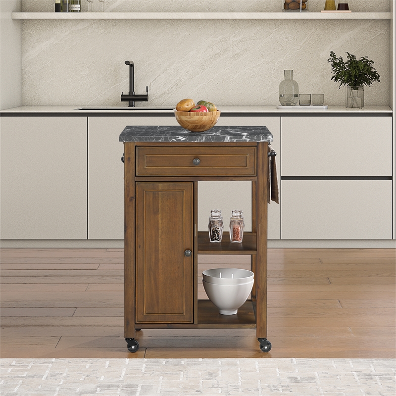 Scranton & Co Farmhouse Kitchen Cart Faux Marble Top in Oak Finish Wood