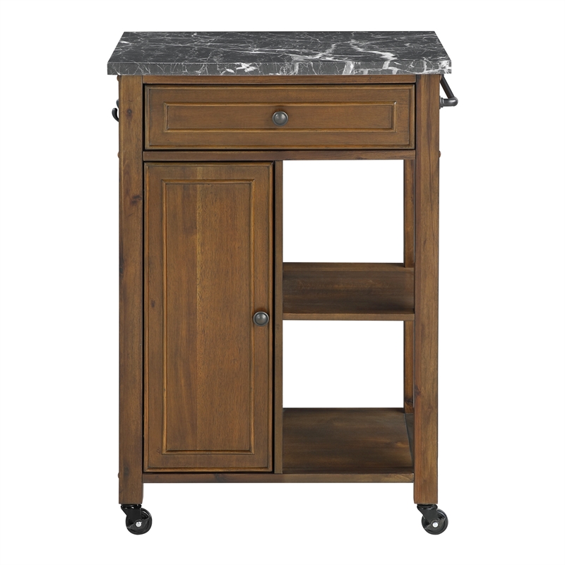 Scranton & Co Farmhouse Kitchen Cart Faux Marble Top in Oak Finish Wood