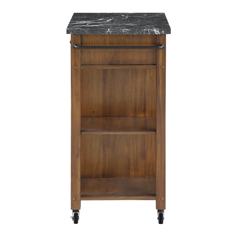 Scranton & Co Farmhouse Kitchen Cart Faux Marble Top in Oak Finish Wood