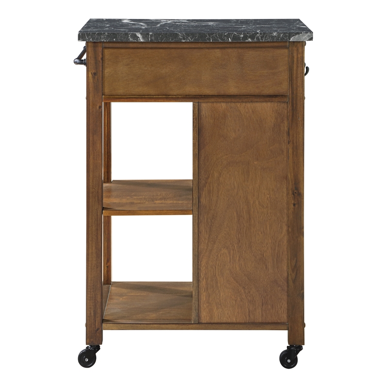 Scranton & Co Farmhouse Kitchen Cart Faux Marble Top in Oak Finish Wood