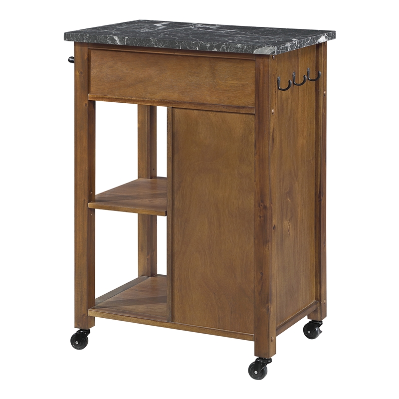 Scranton & Co Farmhouse Kitchen Cart Faux Marble Top in Oak Finish Wood