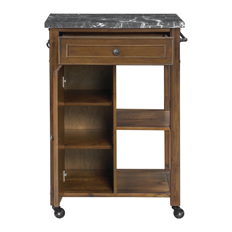 Scranton & Co Farmhouse Kitchen Cart Faux Marble Top in Oak Finish Wood