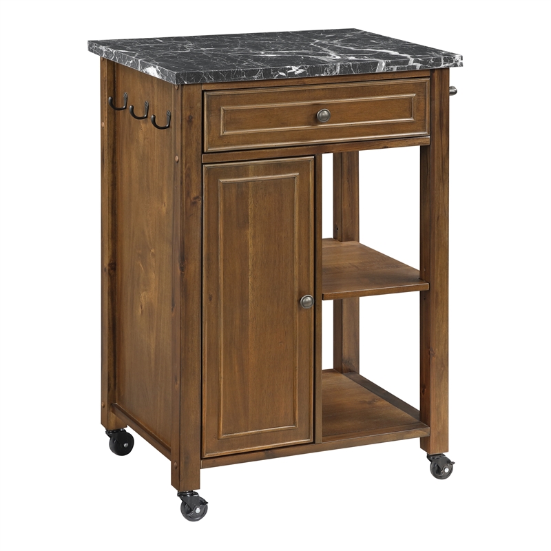 Scranton & Co Farmhouse Kitchen Cart Faux Marble Top in Oak Finish Wood