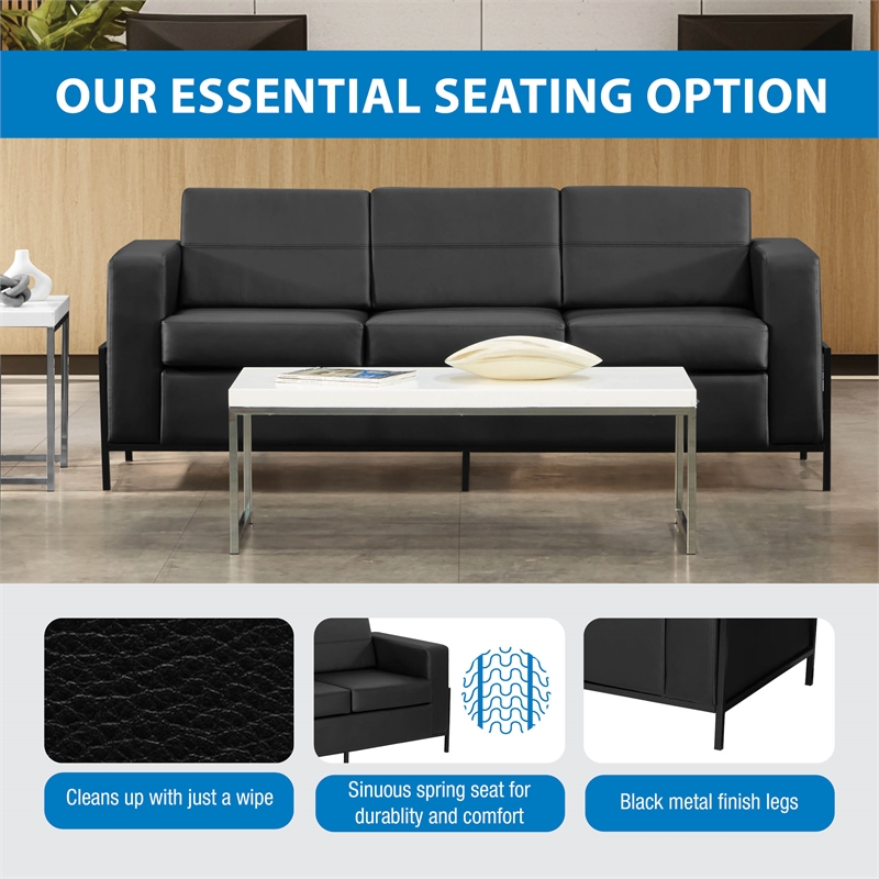 Scranton & Co Sofa in Black Faux Leather with Black Metal Legs