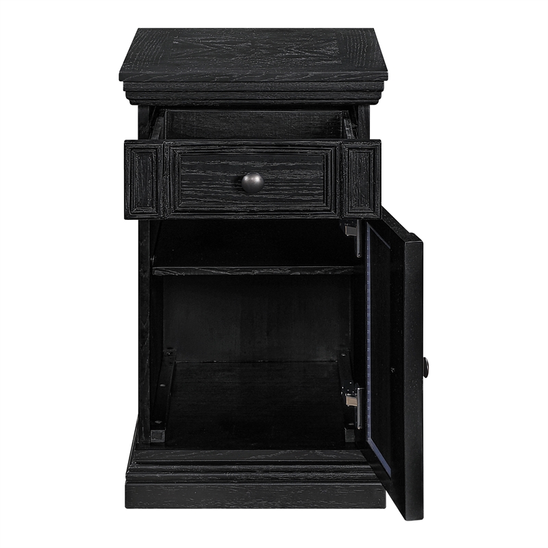 Scranton & Co Black Wood Side Table with Drawer Glass Door and Charging