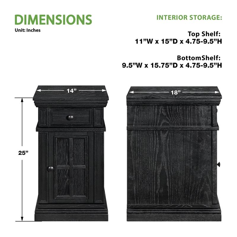 Scranton & Co Black Wood Side Table with Drawer Glass Door and Charging