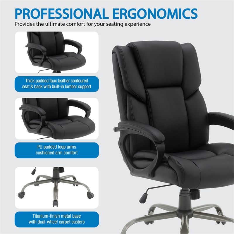 Scranton & Co Mid-Back Black Faux Leather Executive Chair Titanium Base