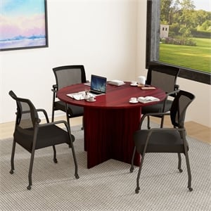 Scranton & Co 47&quotW Round Conference Table with 4 Mesh Guest Chairs in Mahogany