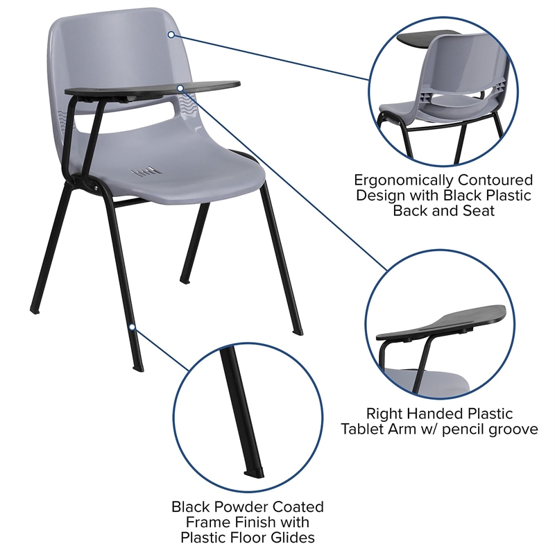 Scranton & Co Plastic Classroom Chair with Right Arm Tablet in Gray