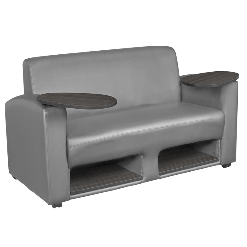 Scranton & Co Tablet Arm Loveseat with Storage Shelf in Gray/Ash Gray