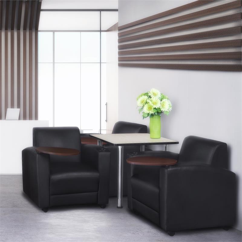 Scranton & Co Tablet Arm Vinyl Chair with Cup Holders in Black/Java