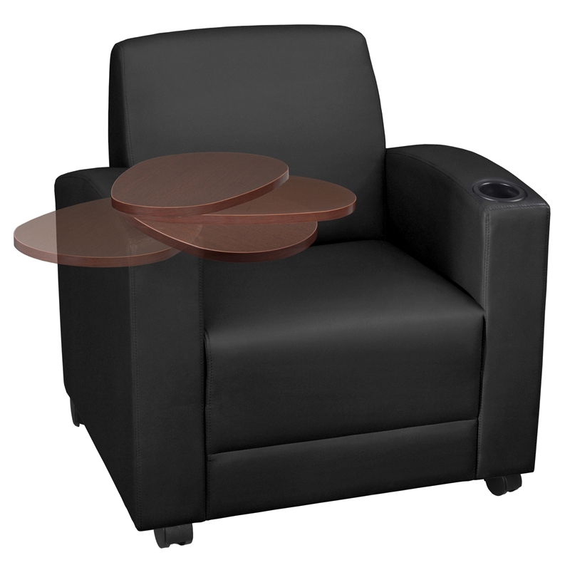Scranton & Co Tablet Arm Vinyl Chair with Cup Holders in Black/Java