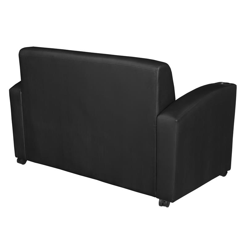 Scranton & Co Tablet Arm Vinyl Loveseat with Cup Holders in Black/Java