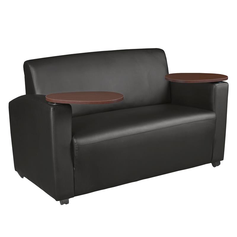 Scranton & Co Tablet Arm Vinyl Loveseat with Cup Holders in Black/Java