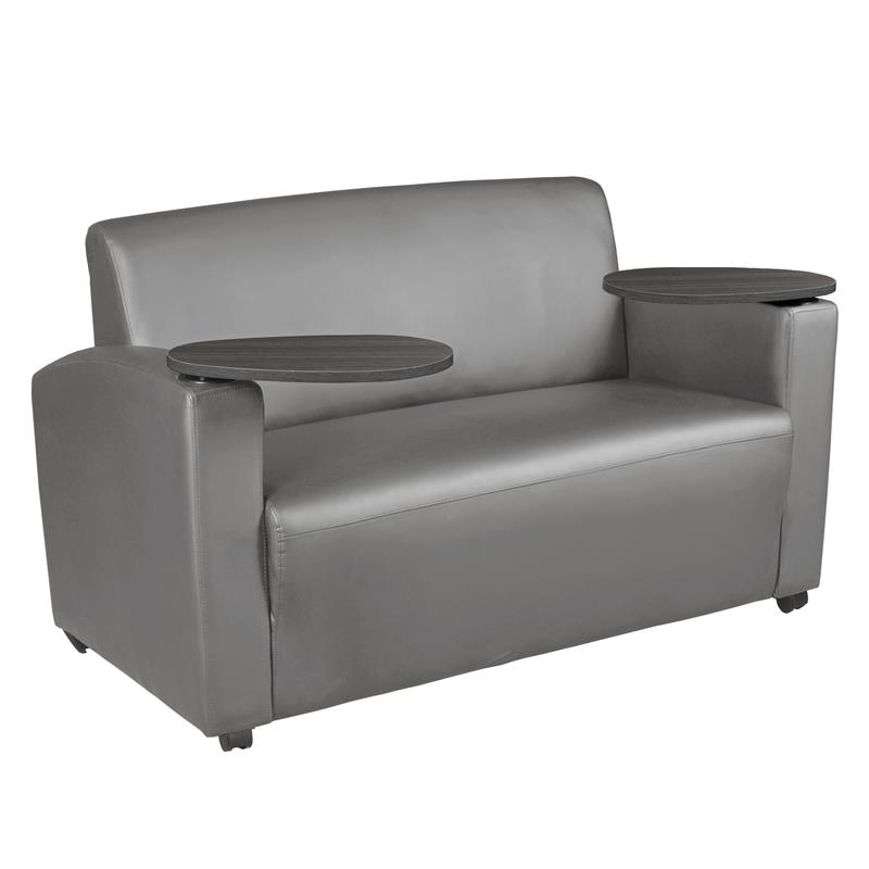 Scranton & Co Tablet Arm Vinyl Loveseat with Cup Holders in Gray/Ash Gray